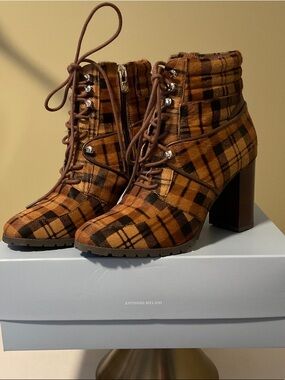 ANTONIO MELANI Tan and Black Plaid Lace-Up Block Heel Ankle Boots